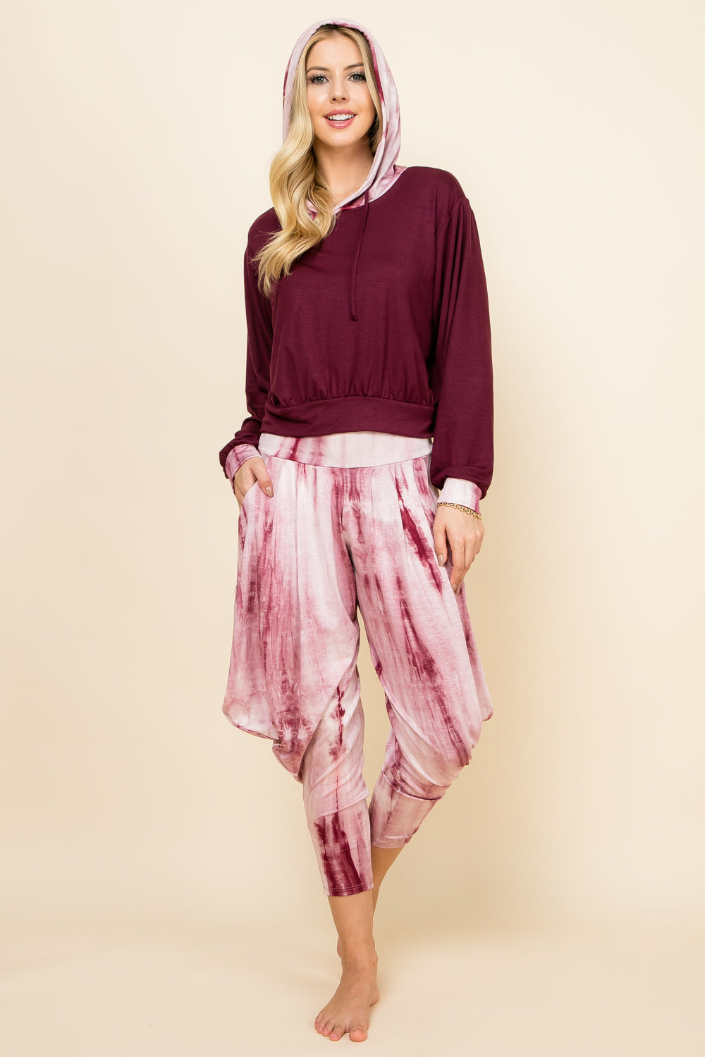 Kooniez Set - Burgundy Marble Tie-Dye Pants & Burgundy Marble Patchwork Hoodie - Xs