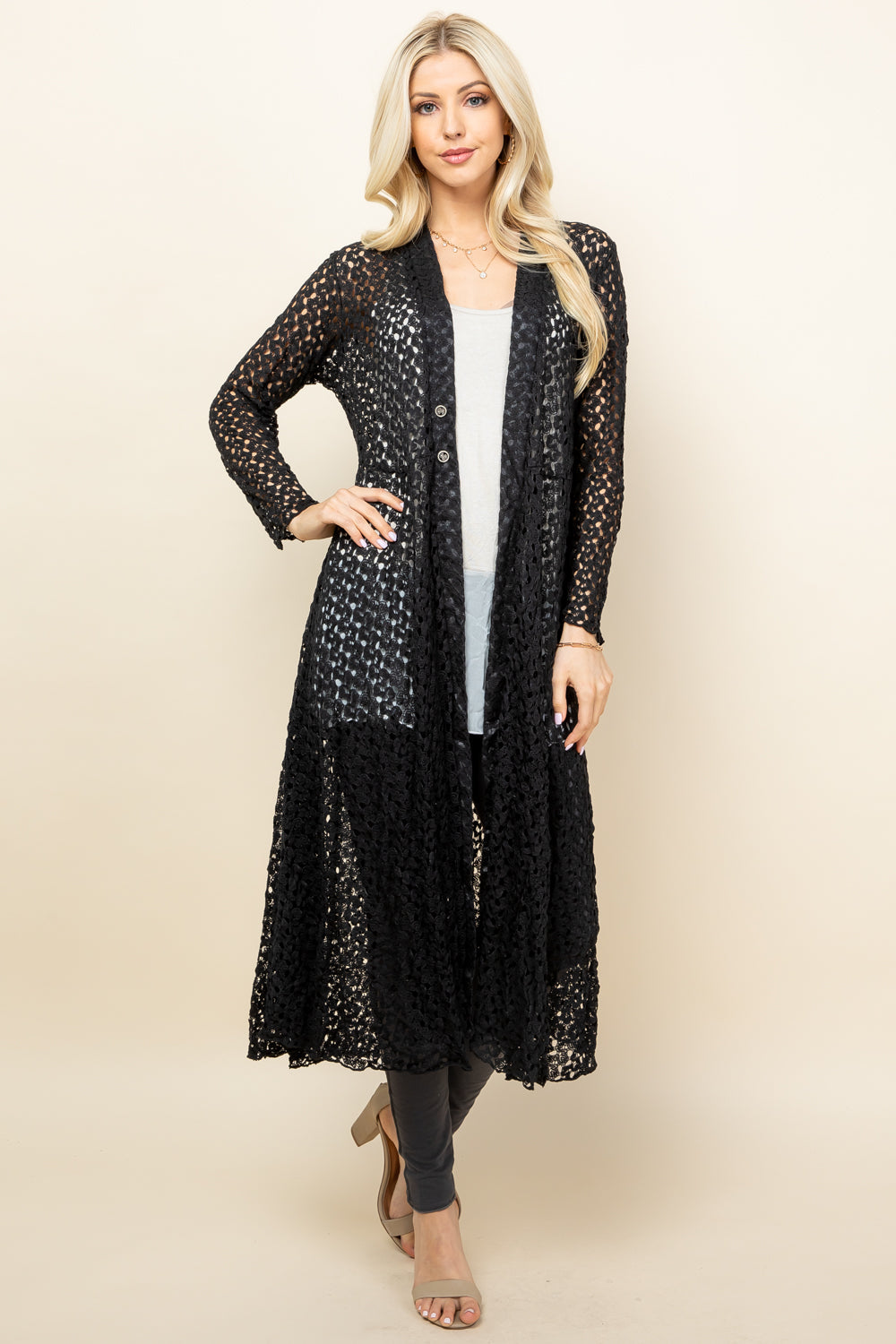 Crochet Lace Long Jacket - Black