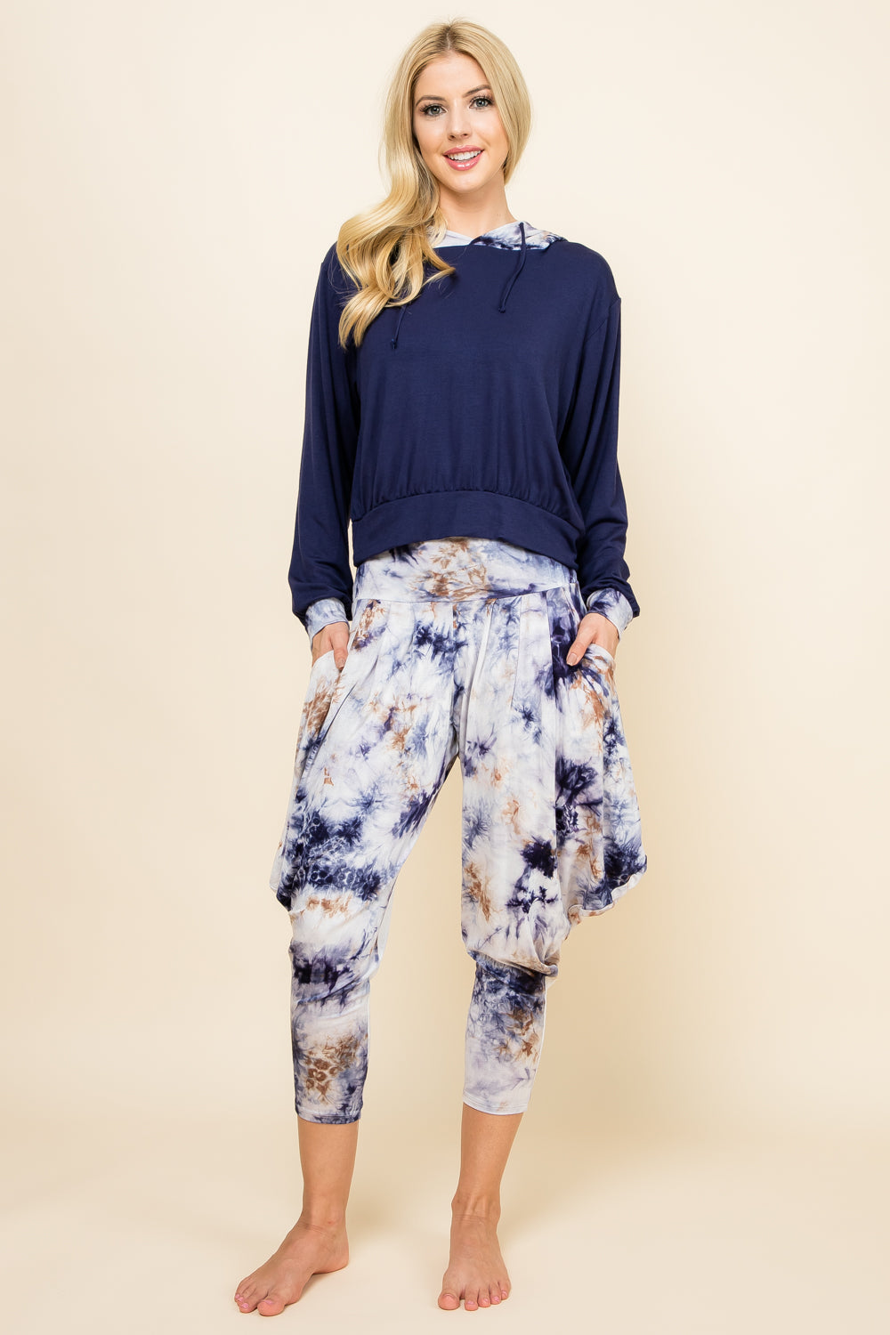 Kooniez Set Navy Tie Dye Pants Navy Patchwork Hoodie