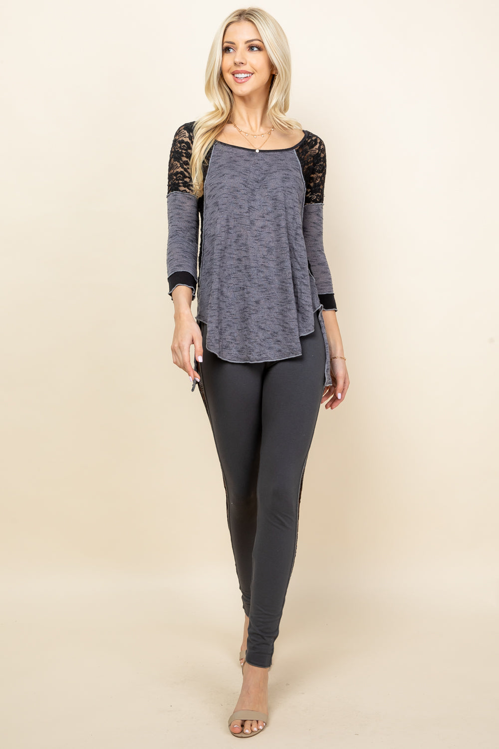 Lace Trim Tunic Top - Charcoal Slub